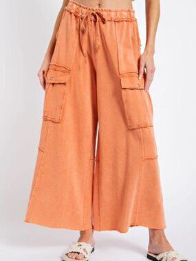 Easel It's All Good Mineral Wash Cargo Crop Wide Leg Pants In Rust